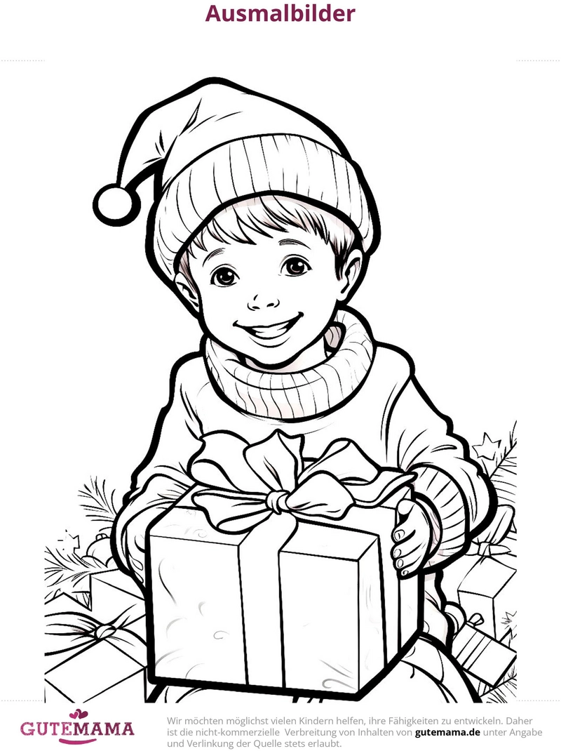 malvorlage-froehliches-kind-mit-geschenk-winterlich-umgebung