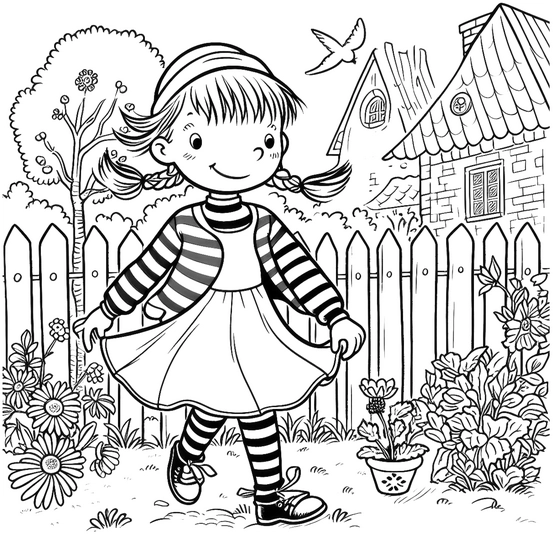 malvorlage-froehliches-maedchen-im-garten-mit-blumen