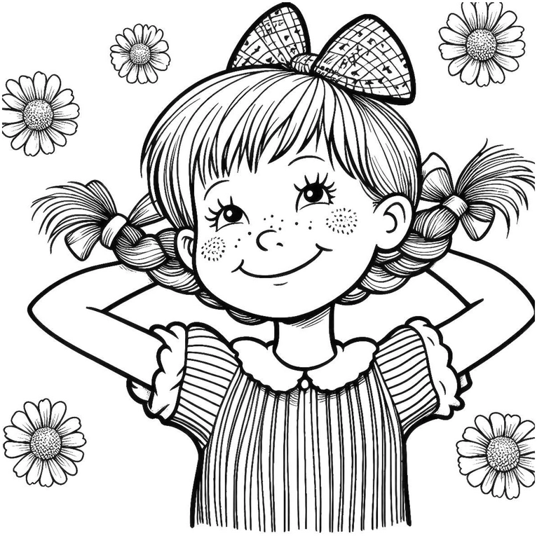 malvorlage-froehliches-maedchen-mit-blumen