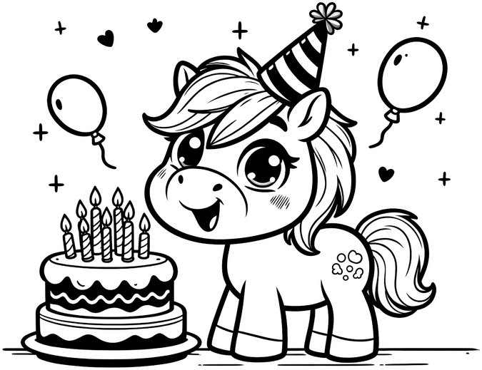 malvorlage-froehliches-pony-mit-geburtstagstorte-und-ballons