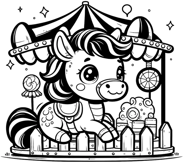 malvorlage-froehliches-pony-unter-zirkuszelt