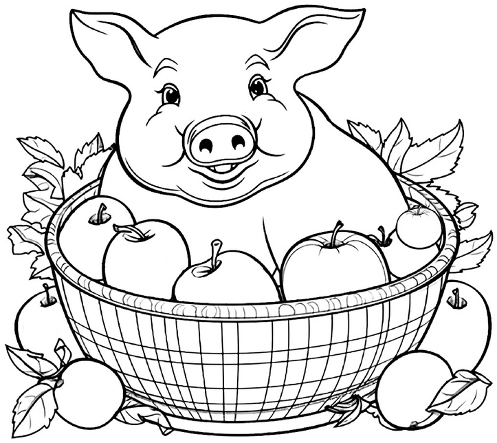 malvorlage-fröhliches-schwein-mit-aepfeln