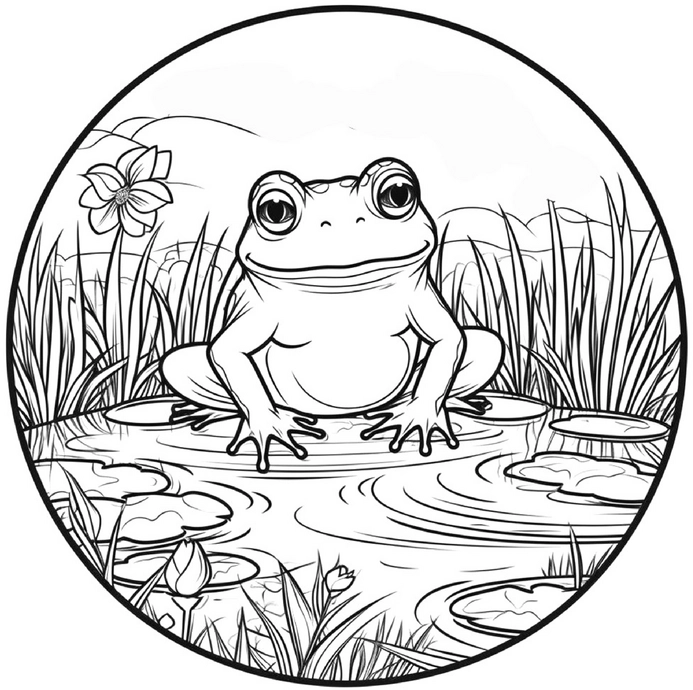 malvorlage-frosch-am-teich-mit-blumen