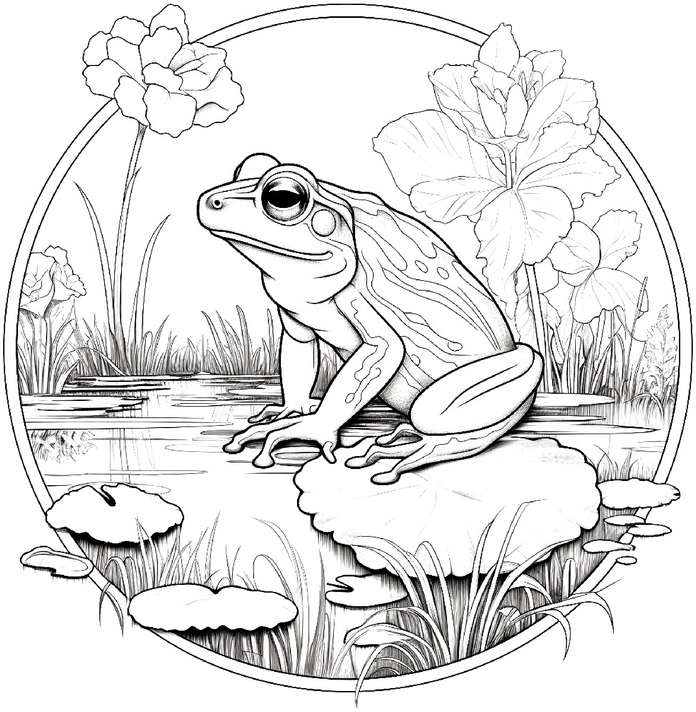 malvorlage-frosch-am-teich-mit-pflanzen