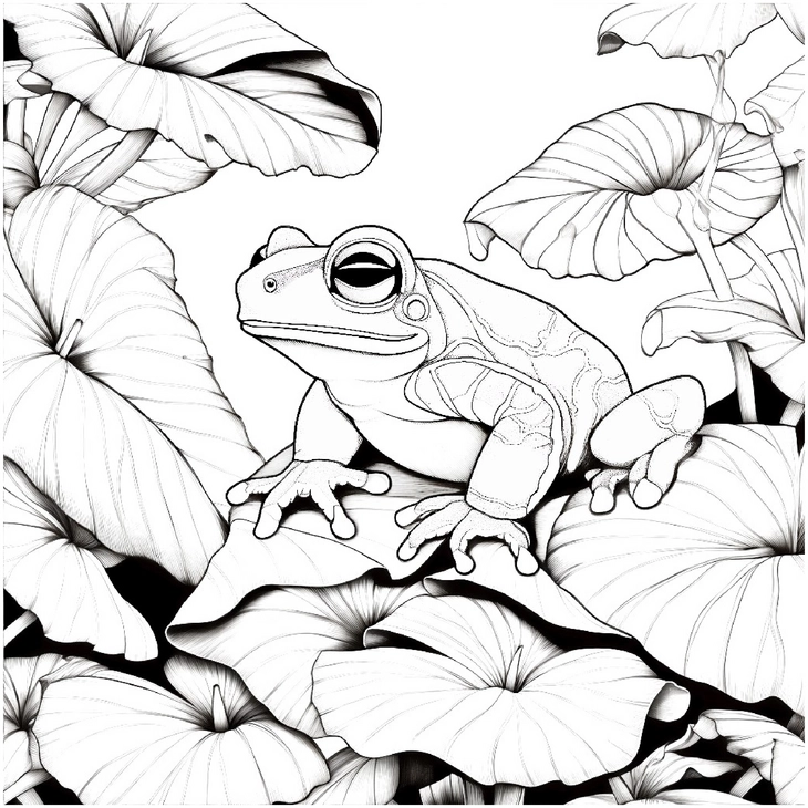 malvorlage-frosch-auf-pflanzen-im-dschungel