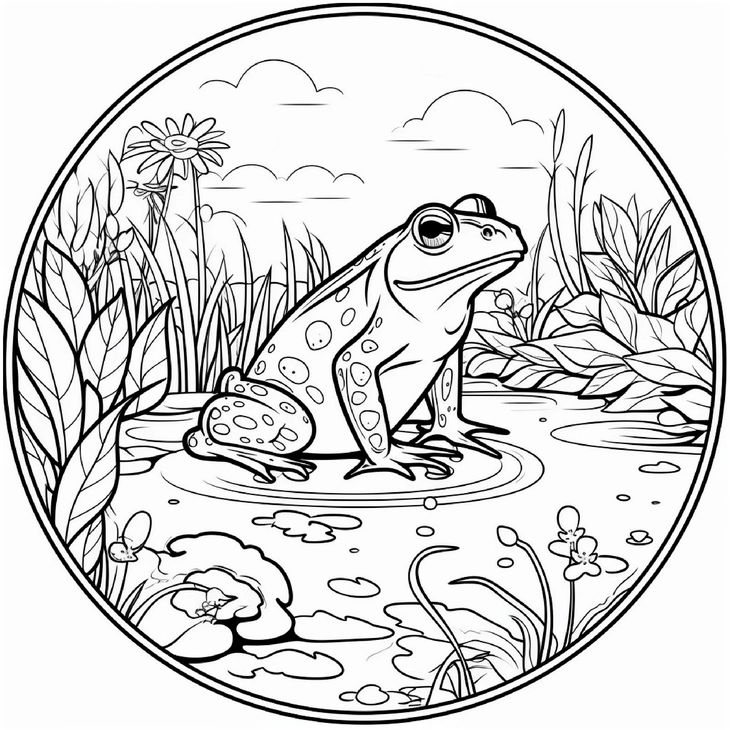 malvorlage-frosch-im-teich-mit-pflanzen