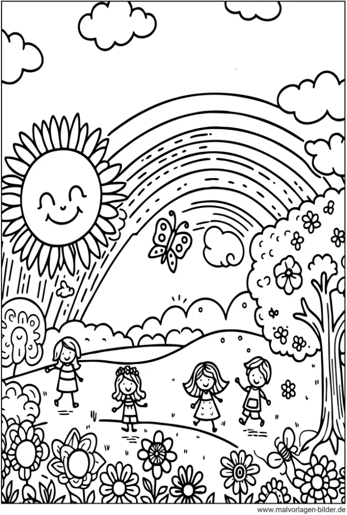 malvorlage-fruehling-glueckliche-kinder-regenbogen