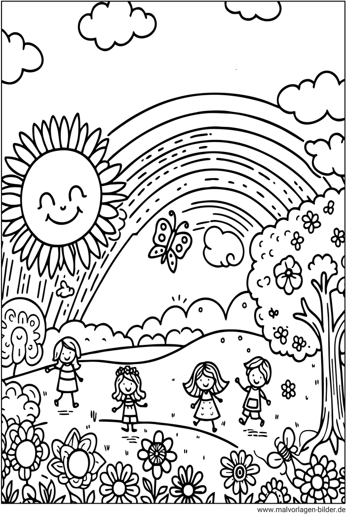 malvorlage-fruehling-glueckliche-kinder-regenbogen