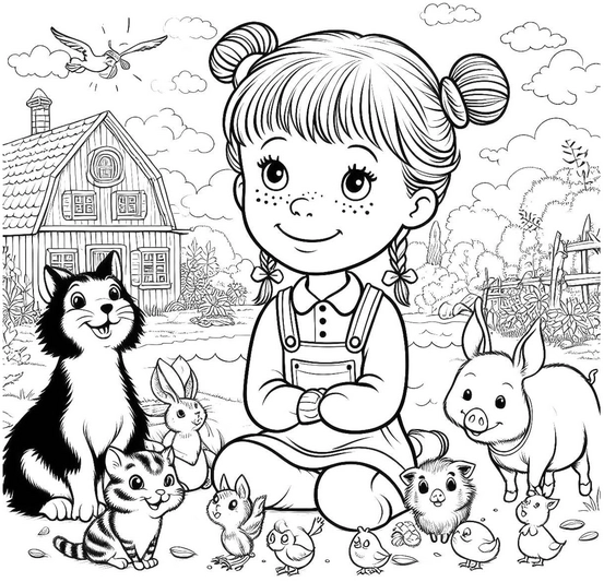 malvorlage-fruehling-mit-kind-und-tieren