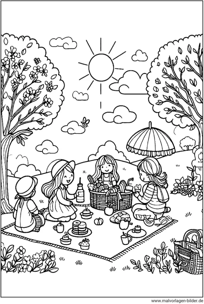 malvorlage-fruehling-picknick-mit-kindern