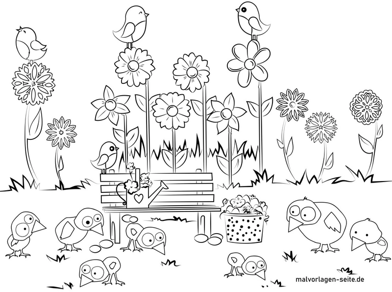 malvorlage-fruehlingsgarten-vögel-blumen