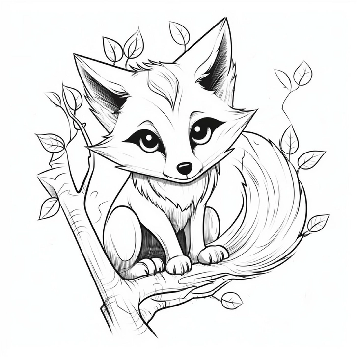 malvorlage-fuchs-auf-dem-ast-mit-blaettern