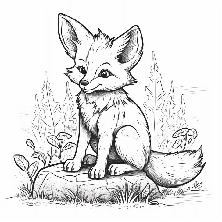 malvorlage-fuchs-auf-einem-felsen-in-der-natur