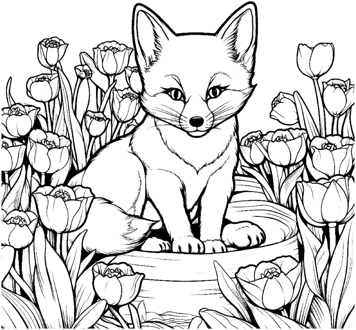 malvorlage-fuchs-im-garten-mit-tulpen