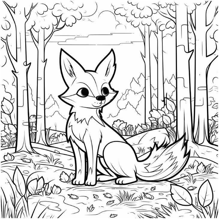 malvorlage-fuchs-in-der-natur-hohe-baeume