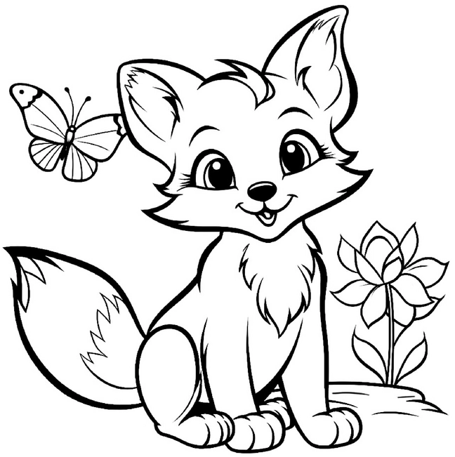 malvorlage-fuchs-mit-schmetterling-und-blume