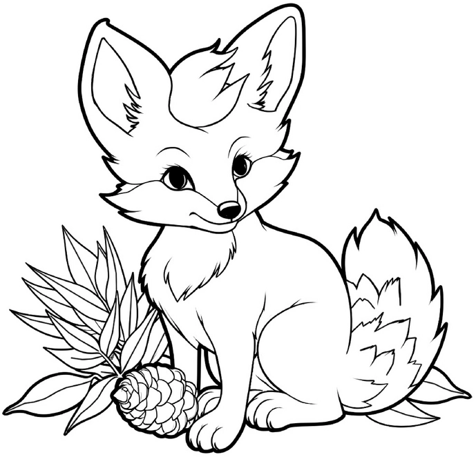 malvorlage-fuchs-neben-tannenzapfen-und-pflanzen