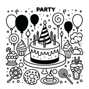 malvorlage-fuer-eine-froehliche-party-mit-kuchen-und-suessigkeiten