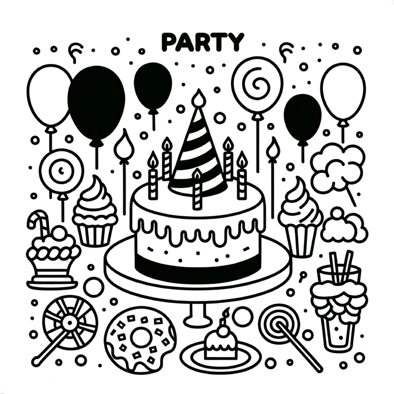 malvorlage-fuer-eine-froehliche-party-mit-kuchen-und-suessigkeiten