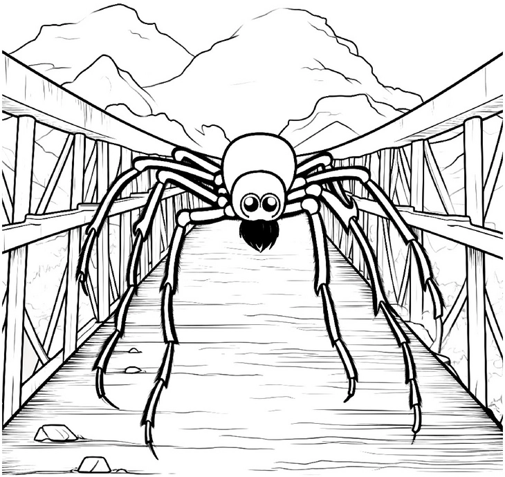 malvorlage-furchtlose-spinne-auf-bruecke