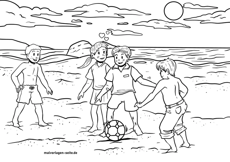 malvorlage-fussballspiel-am-strand-mit-kindern
