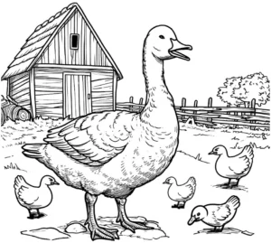 malvorlage-gans-mit-kueken-auf-dem-bauernhof