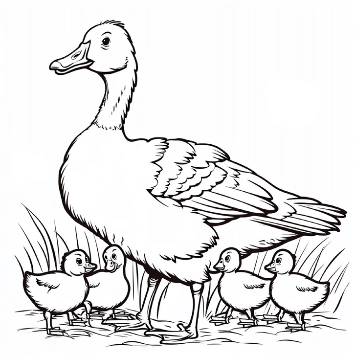 malvorlage-gans-mit-kueken-im-gruenen