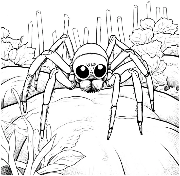 malvorlage-garten-spinne-mit-pflanzen