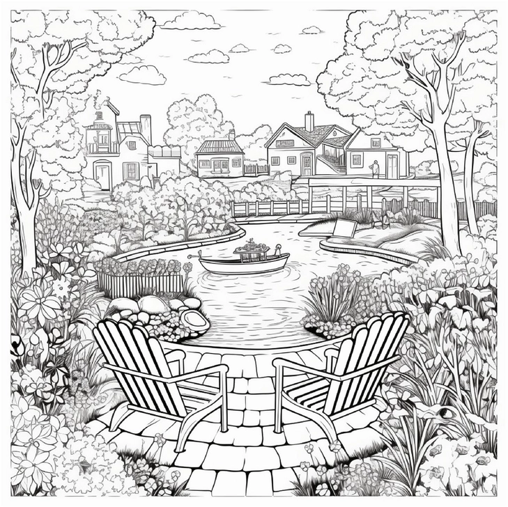 malvorlage-gartenlandschaft-mit-teich-und-stuehlen