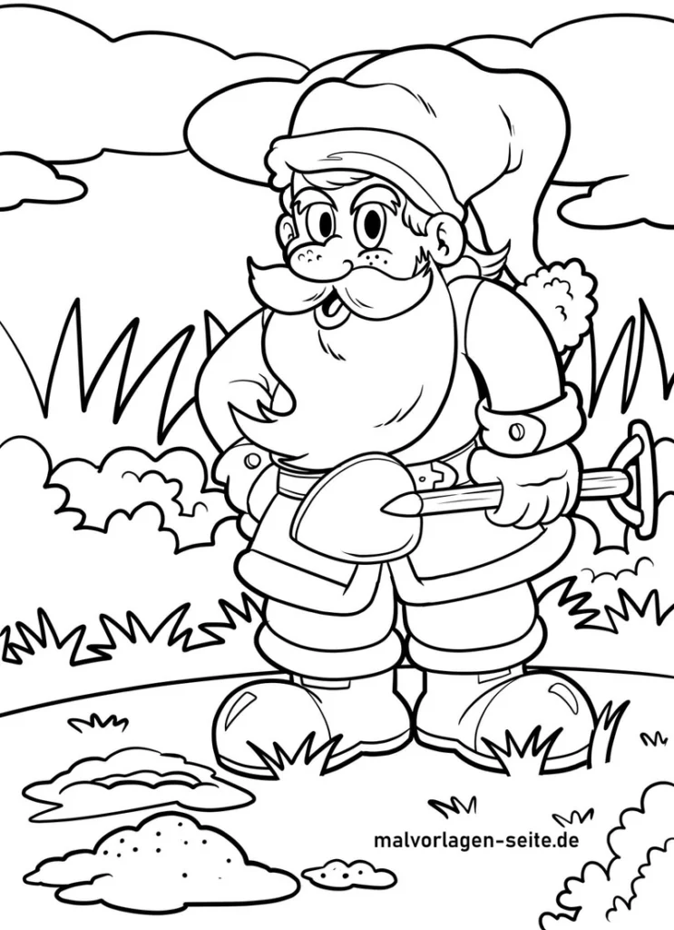 malvorlage-gartenzwerg-in-der-natur-mit-schaufel