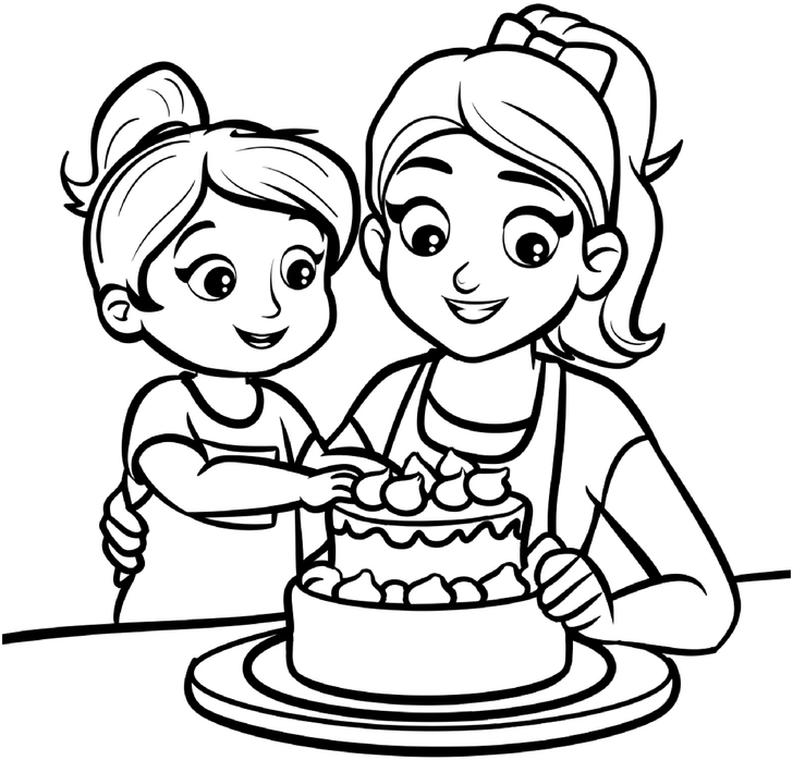 malvorlage-geburtstag-kuchen-mit-mutter-und-kind