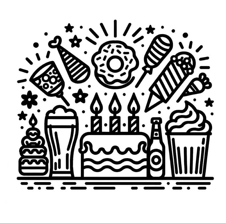 malvorlage-geburtstag-kuchen-suessigkeiten-partyhuete