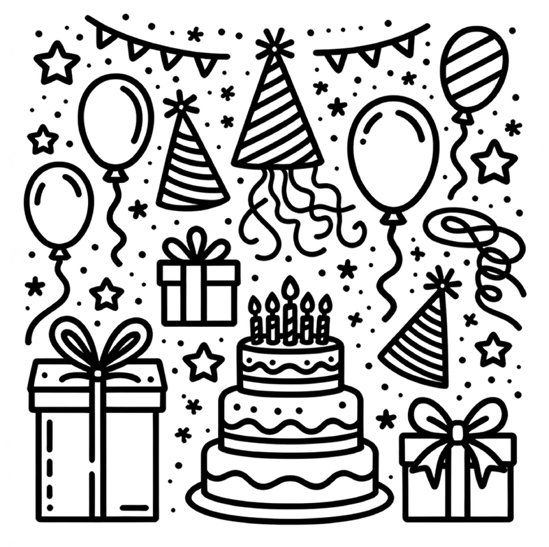 malvorlage-geburtstag-luftballons-geschenke-torte