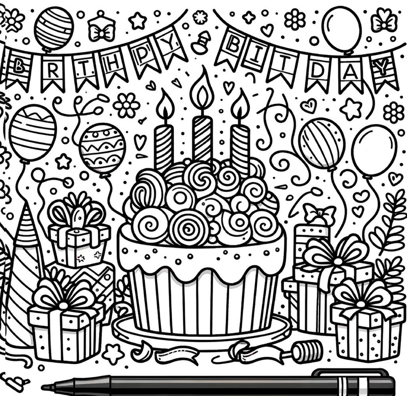 malvorlage-geburtstag-mit-kuchen-und-luftballons