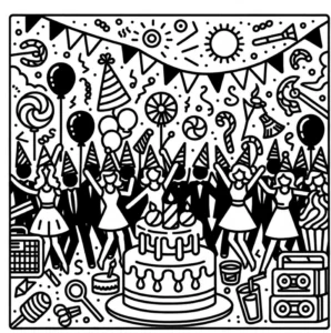 malvorlage-geburtstag-mit-partygästen-und-torte