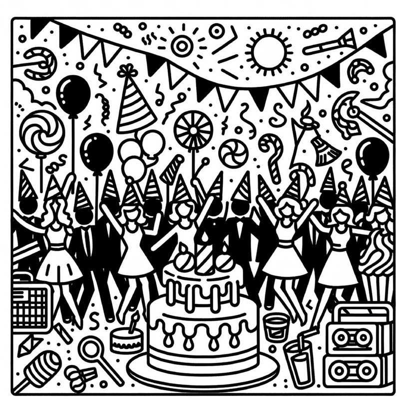 malvorlage-geburtstag-mit-partygästen-und-torte