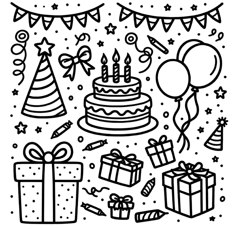 malvorlage-geburtstag-mit-torte-und-luftballons