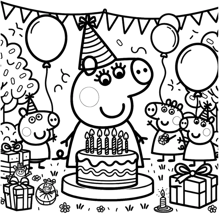 malvorlage-geburtstagsfeier-mit-ballon-und-kuchen