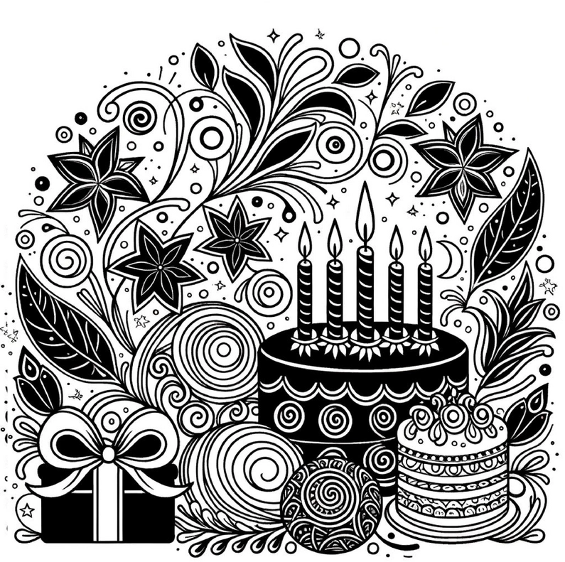 malvorlage-geburtstagsfeier-mit-kuchen-und-geschenken