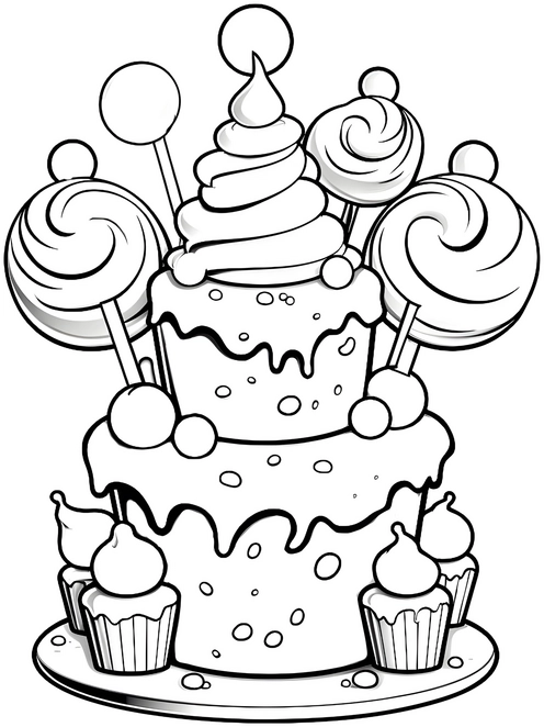 malvorlage-geburtstagskuchen-mit-lollis-und-cupcakes