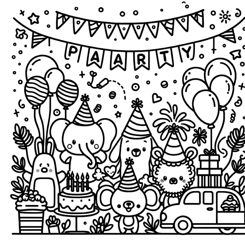 malvorlage-geburtstagsparty-mit-tieren