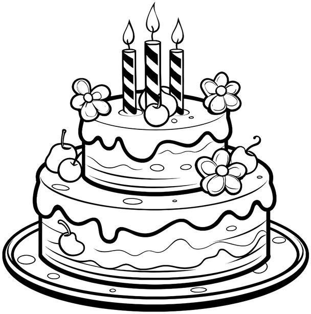 malvorlage-geburtstagstorte-mit-kerzen-und-blumen