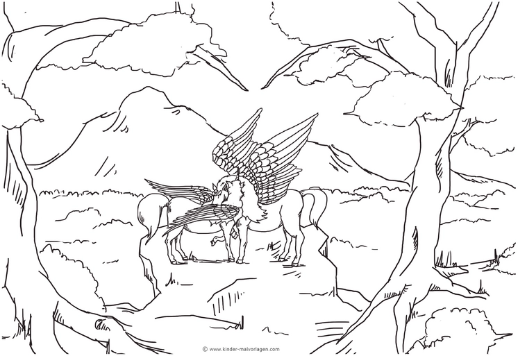 malvorlage-gefluegelte-pferde-in-fantasievoller-landschaft
