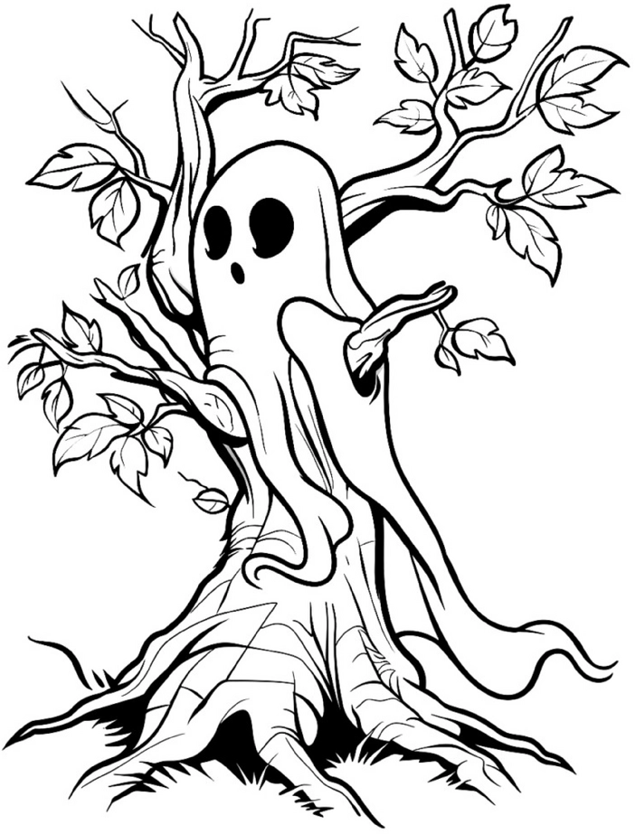 malvorlage-geist-im-baum-mit-blaettern