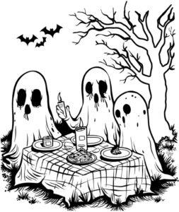 malvorlage-geister-picknick-mit-fledermaeusen-und-baum
