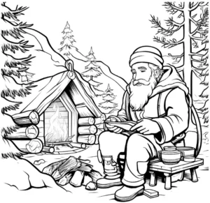 malvorlage-gemuetlicher-winterabend-mit-holzhaus-und-mann