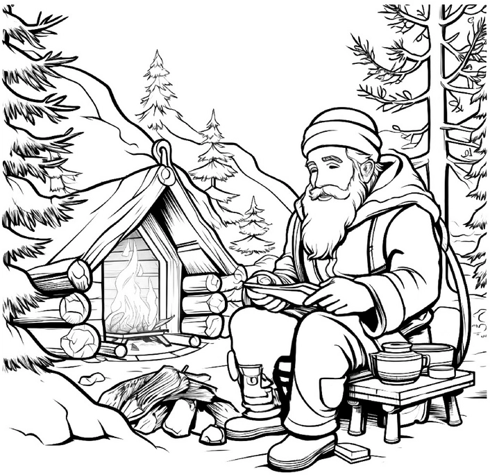 malvorlage-gemuetlicher-winterabend-mit-holzhaus-und-mann