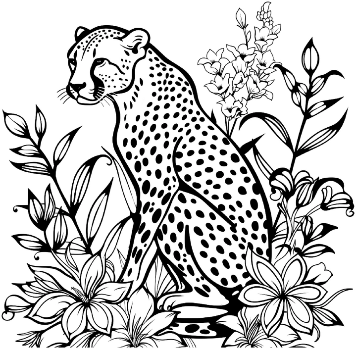 malvorlage-gepard-in-blumenlandschaft