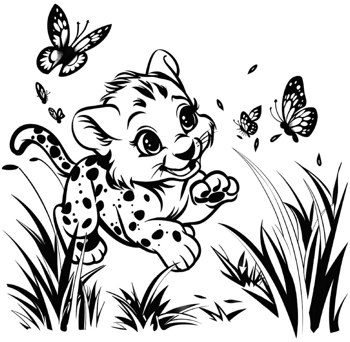 malvorlage-gepard-und-schmetterlinge-im-gras