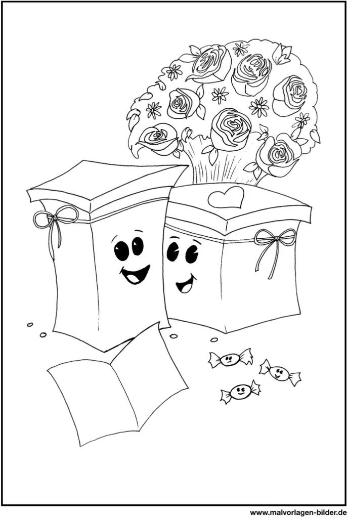 malvorlage-geschenkkartons-mit-blumenstrauss-und-suessigkeiten